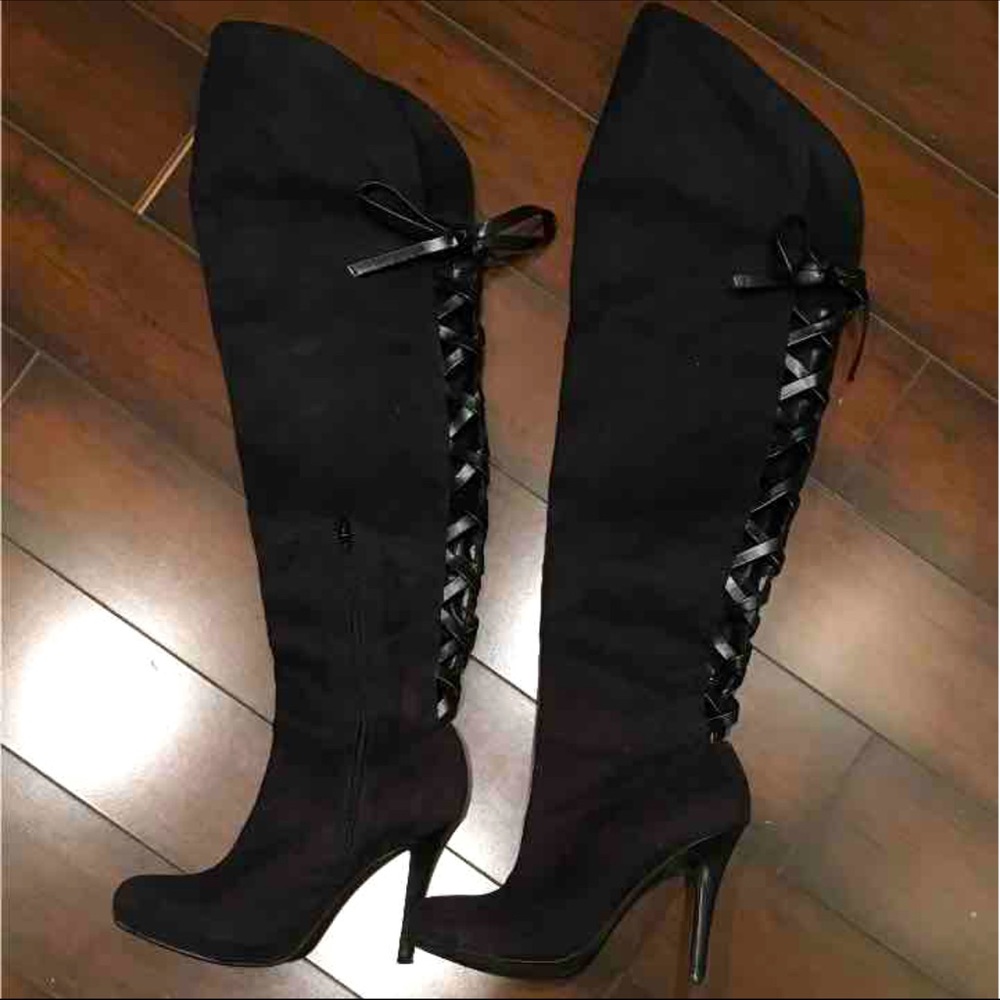 Black thigh knee high lace back boots